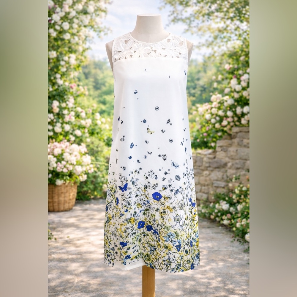 🦋 MAISON JULES Butterfly Floral Print Lace Dress – White Blue Yellow